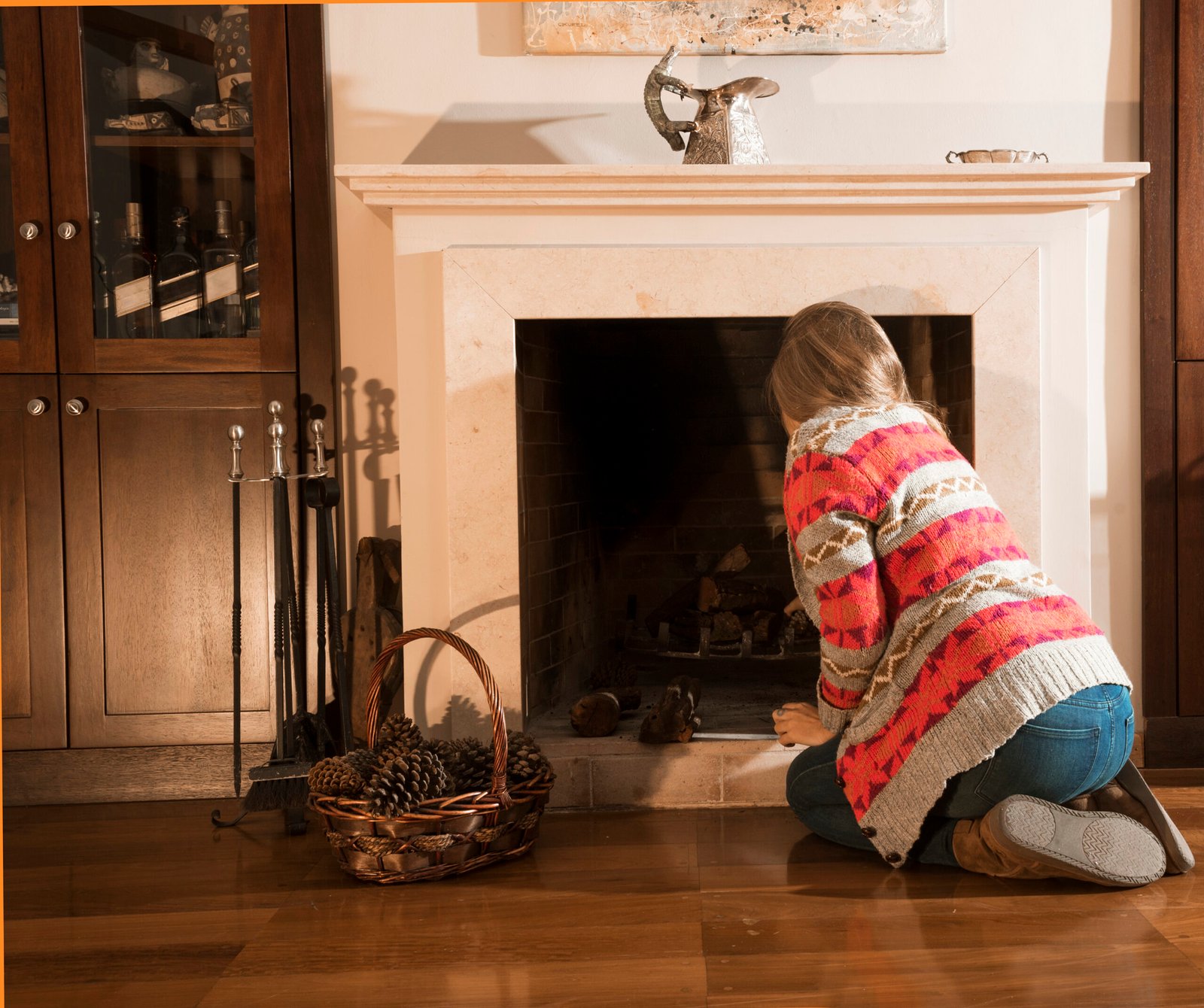 flush hearth in wood floor quartzite cream